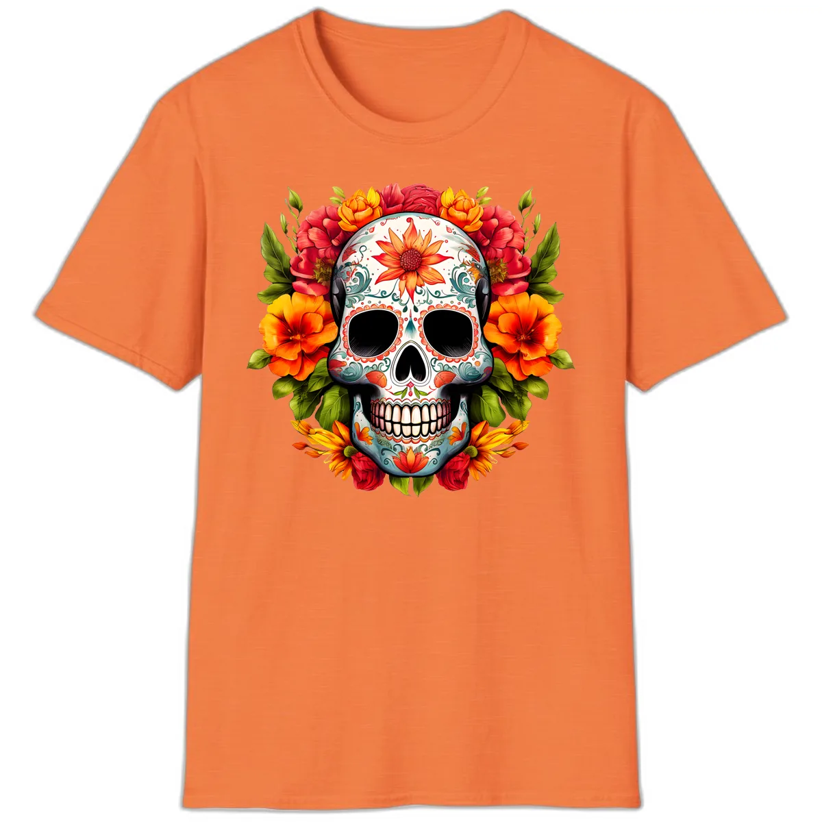 Floral Calavera Sugar Skull with Vibrant Bloom Wreath T-Shirt in Heather Orange