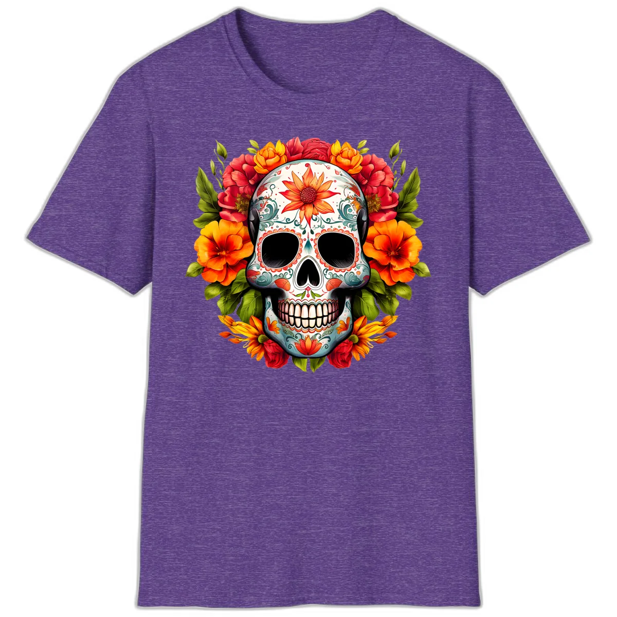 Floral Calavera Sugar Skull with Vibrant Bloom Wreath T-Shirt in Heather Purple