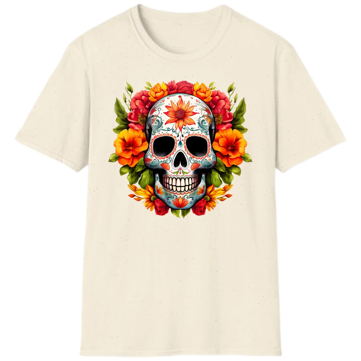 Floral Calavera Sugar Skull with Vibrant Bloom Wreath T-Shirt in Natural