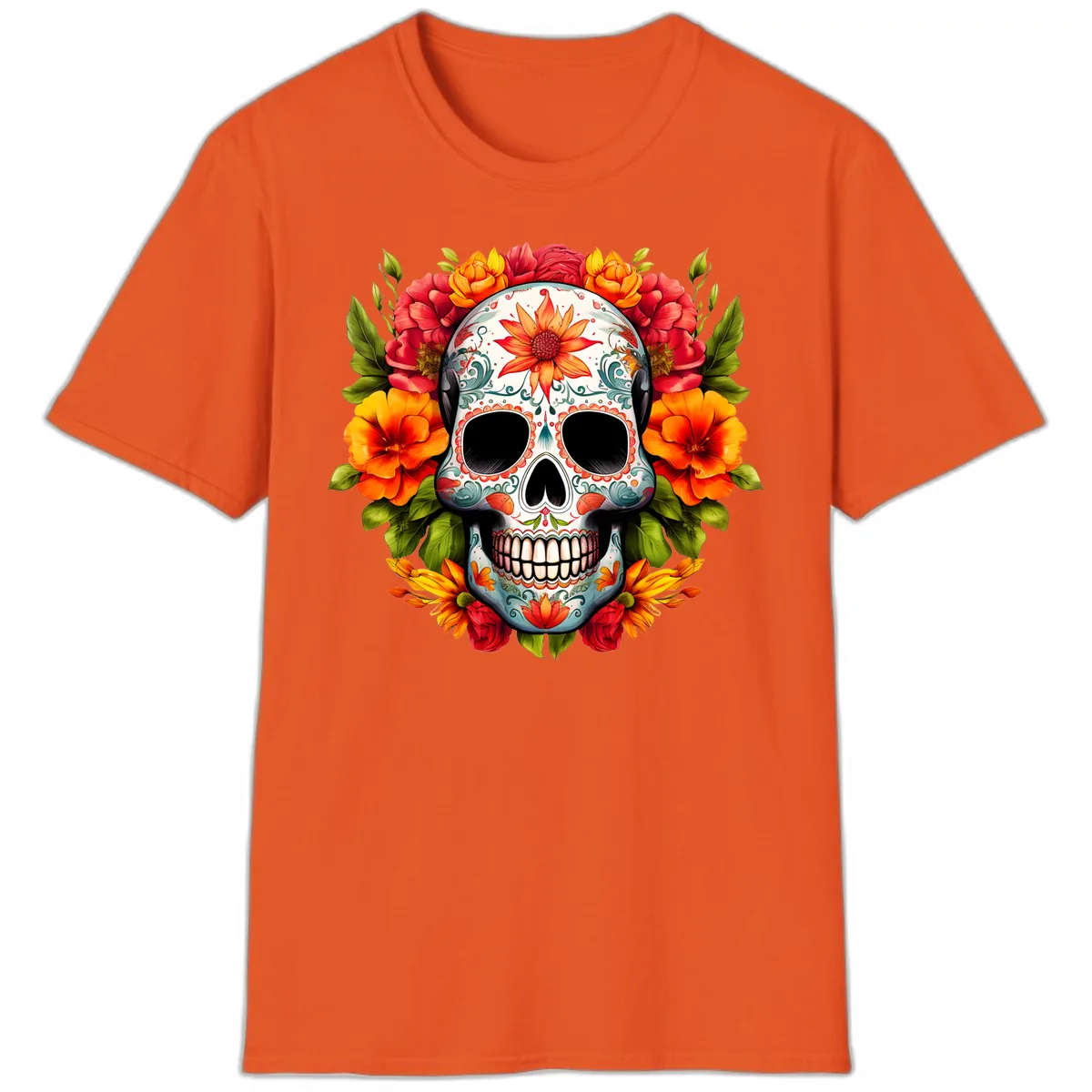 Floral Calavera Sugar Skull with Vibrant Bloom Wreath T-Shirt in Orange