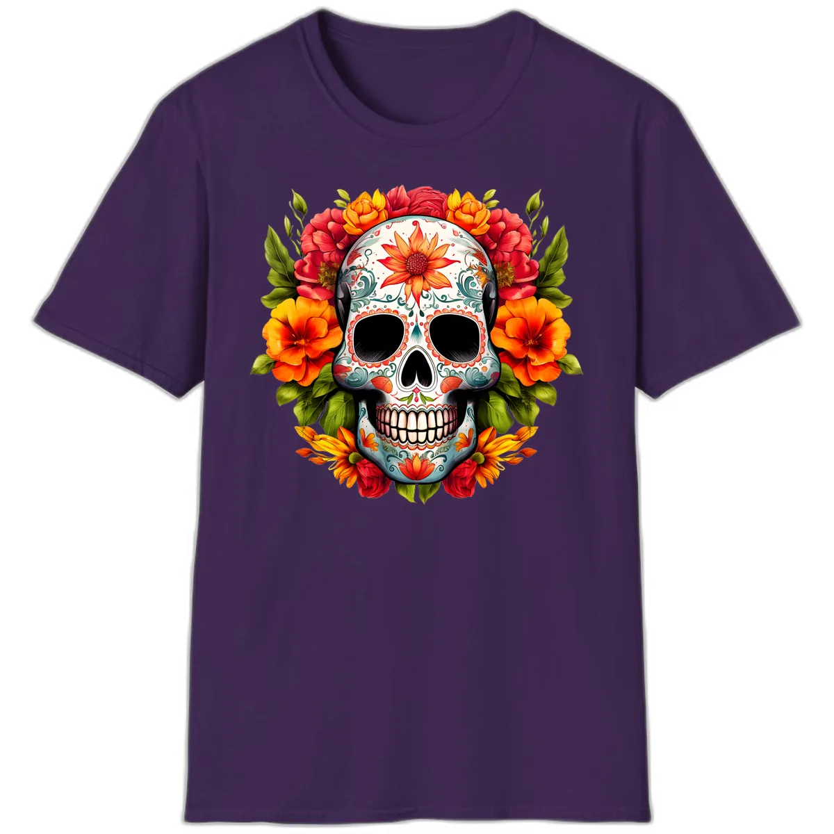 Floral Calavera Sugar Skull with Vibrant Bloom Wreath T-Shirt in Purple