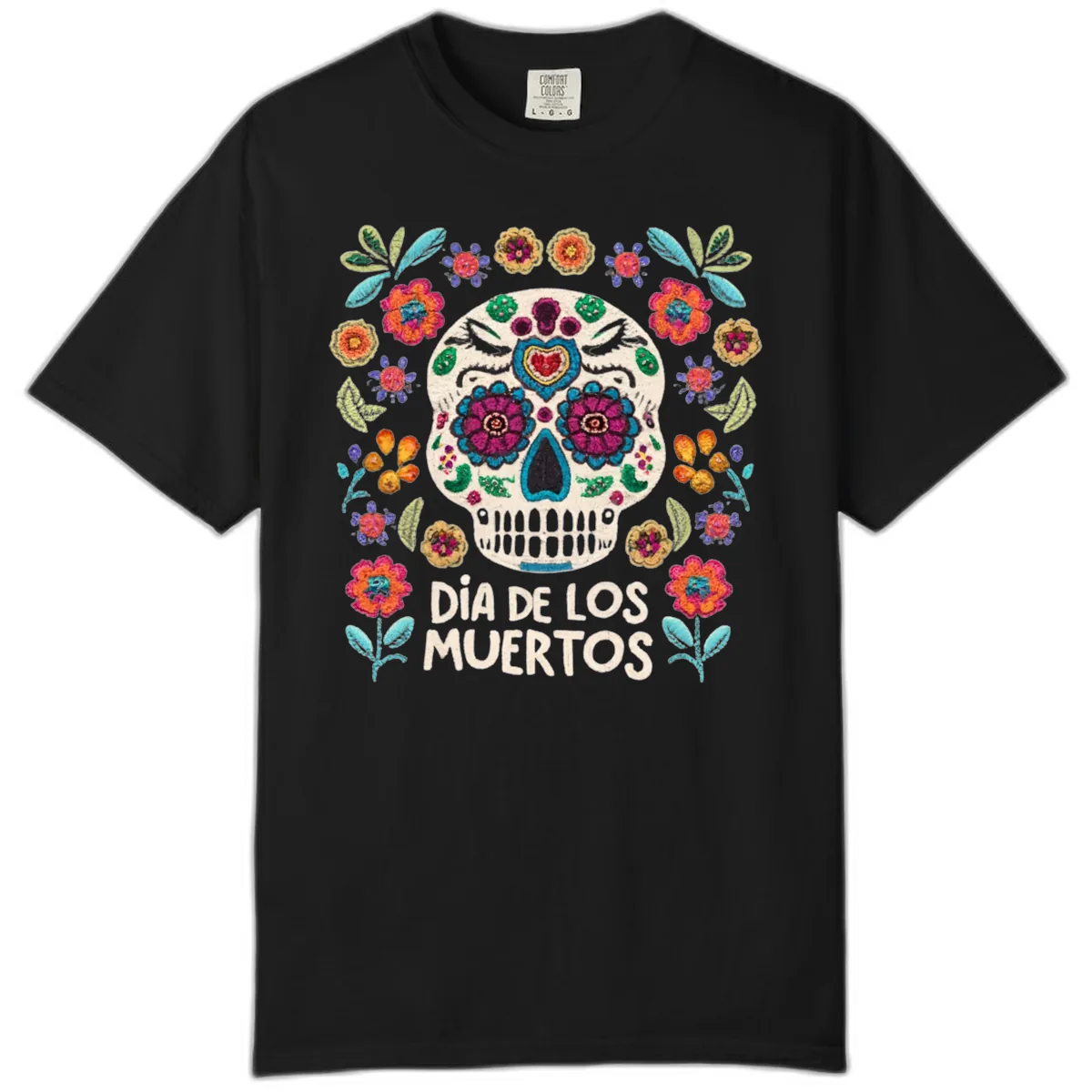 Embroidered Sugar Skull Día De Los Muertos Comfort Color in Black