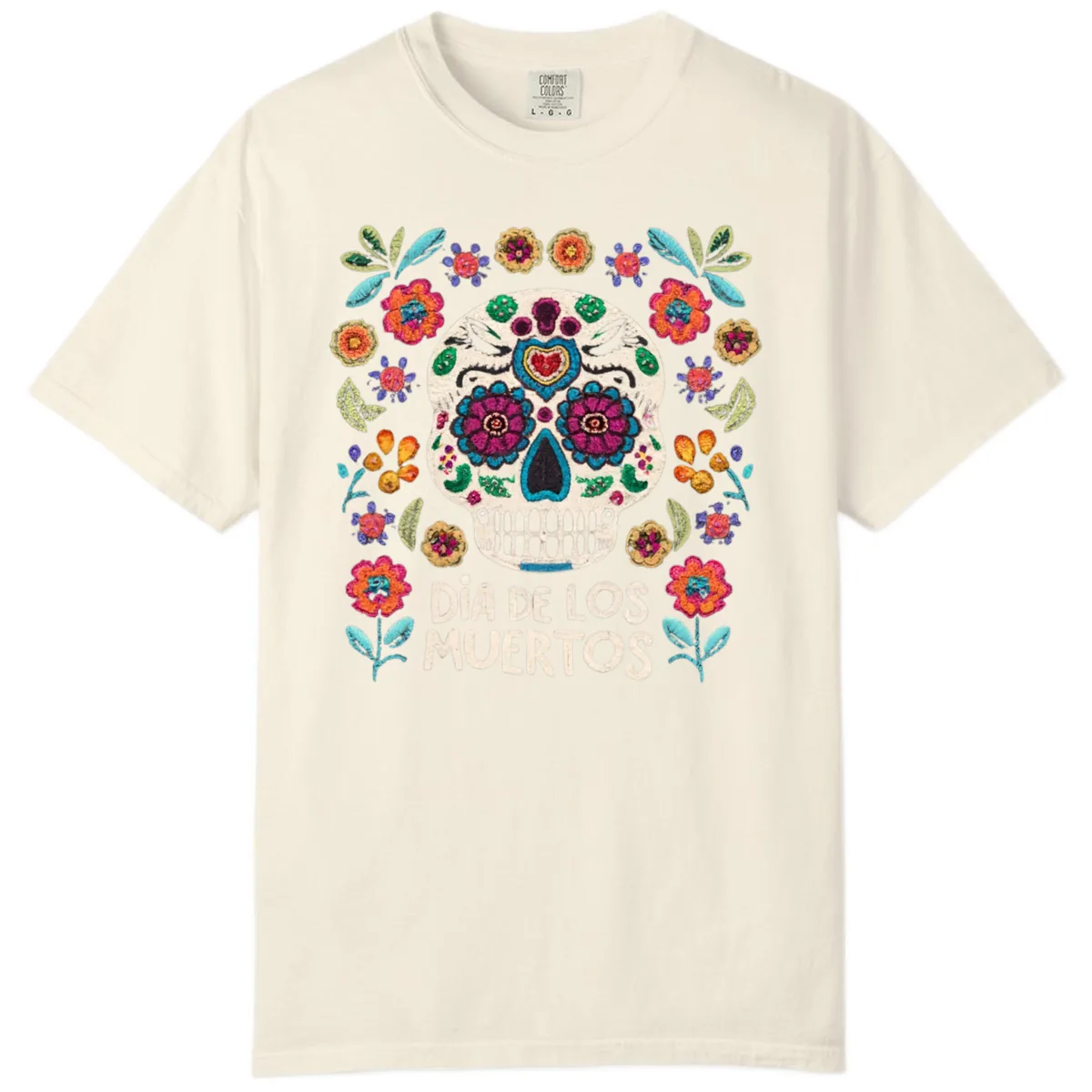Embroidered Sugar Skull Día De Los Muertos Comfort Color in Ivory