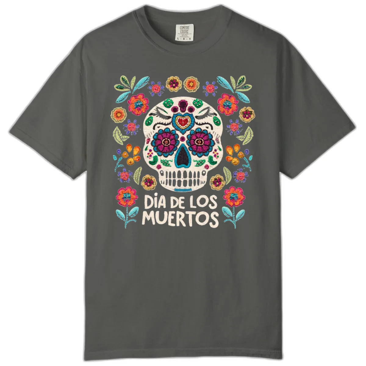 Embroidered Sugar Skull Día De Los Muertos Comfort Color in Pepper