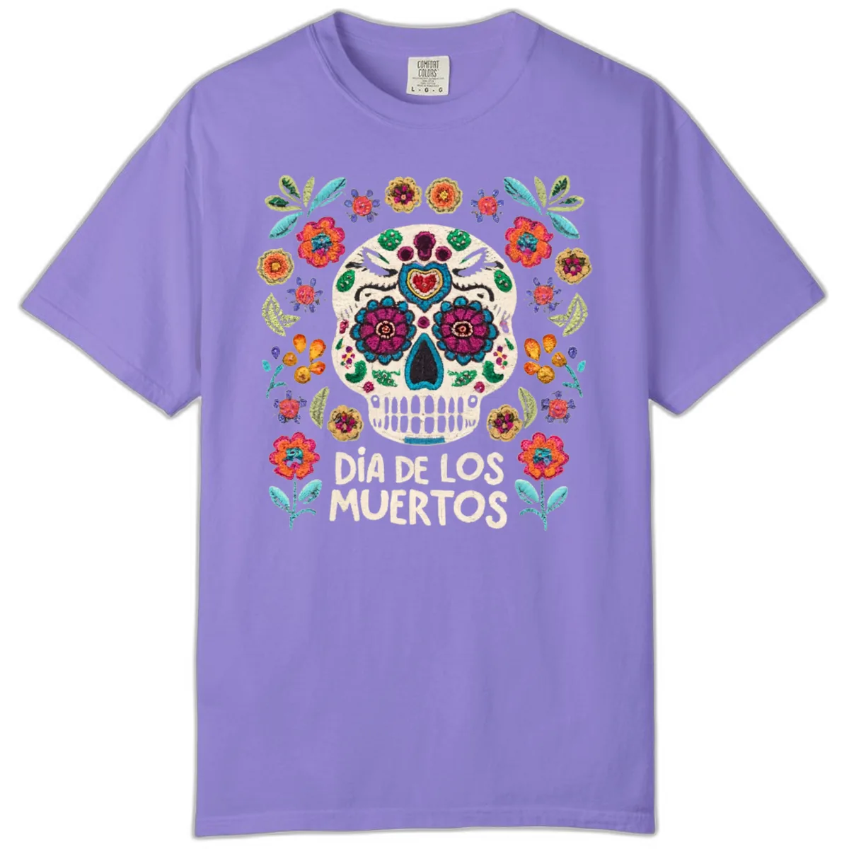 Embroidered Sugar Skull Día De Los Muertos Comfort Color in Violet