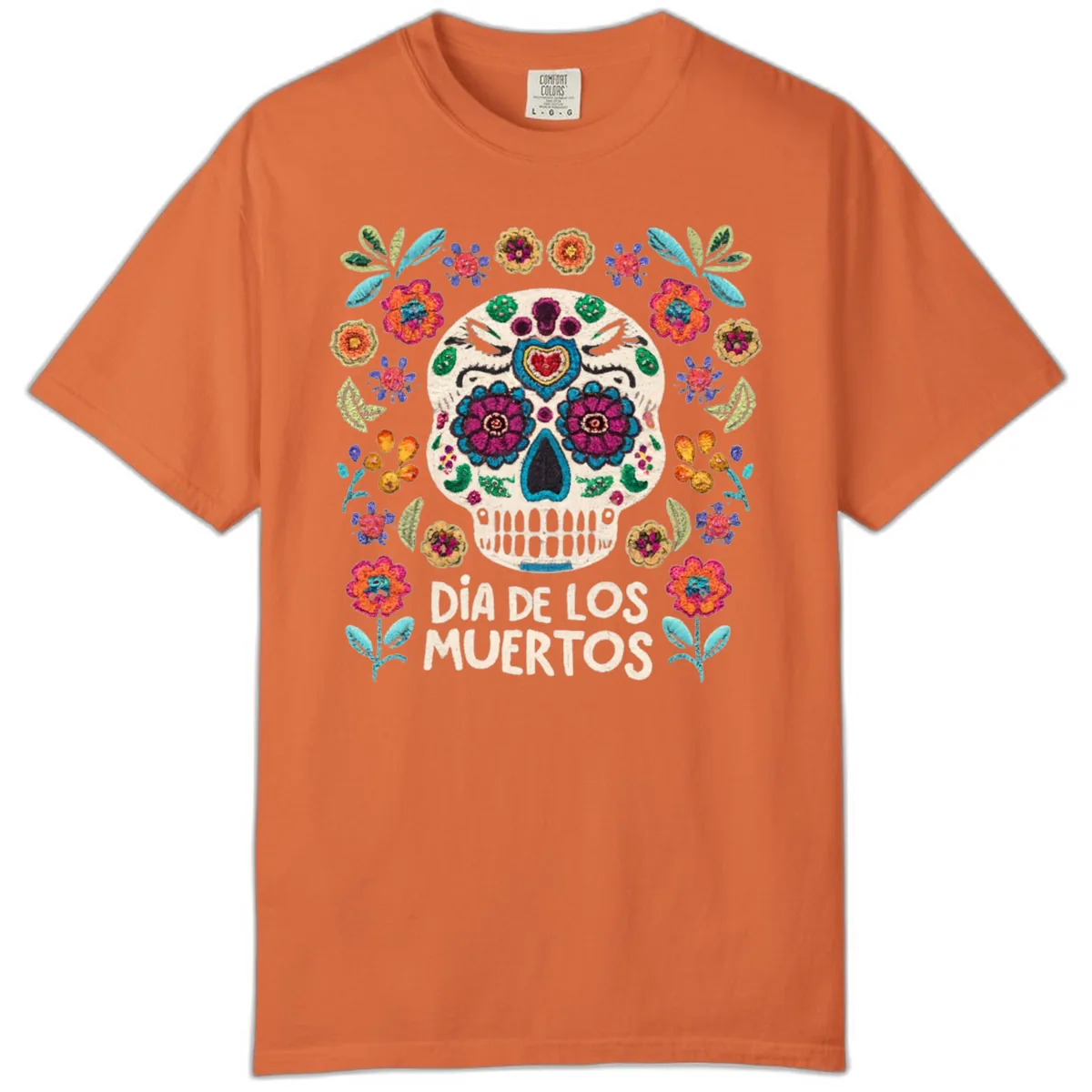 Embroidered Sugar Skull Día De Los Muertos Comfort Color in Burnt Orange