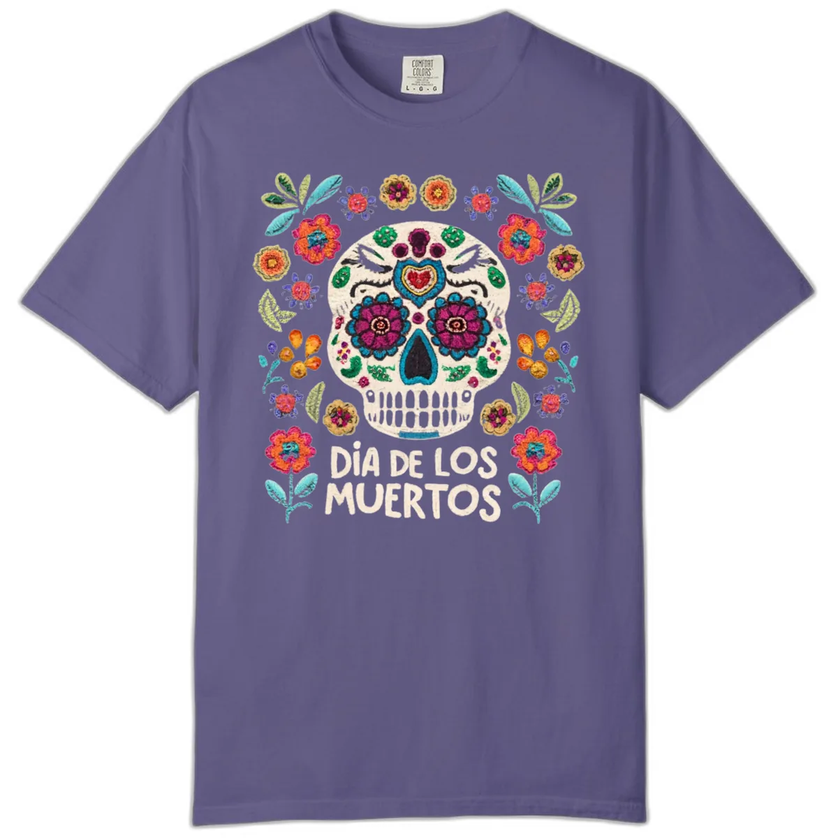 Embroidered Sugar Skull Día De Los Muertos Comfort Color in Grape