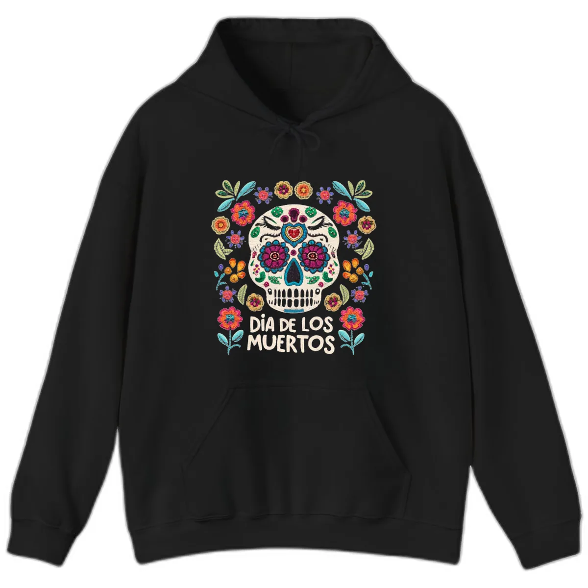 Embroidered Sugar Skull Día De Los Muertos Hoodie in Black