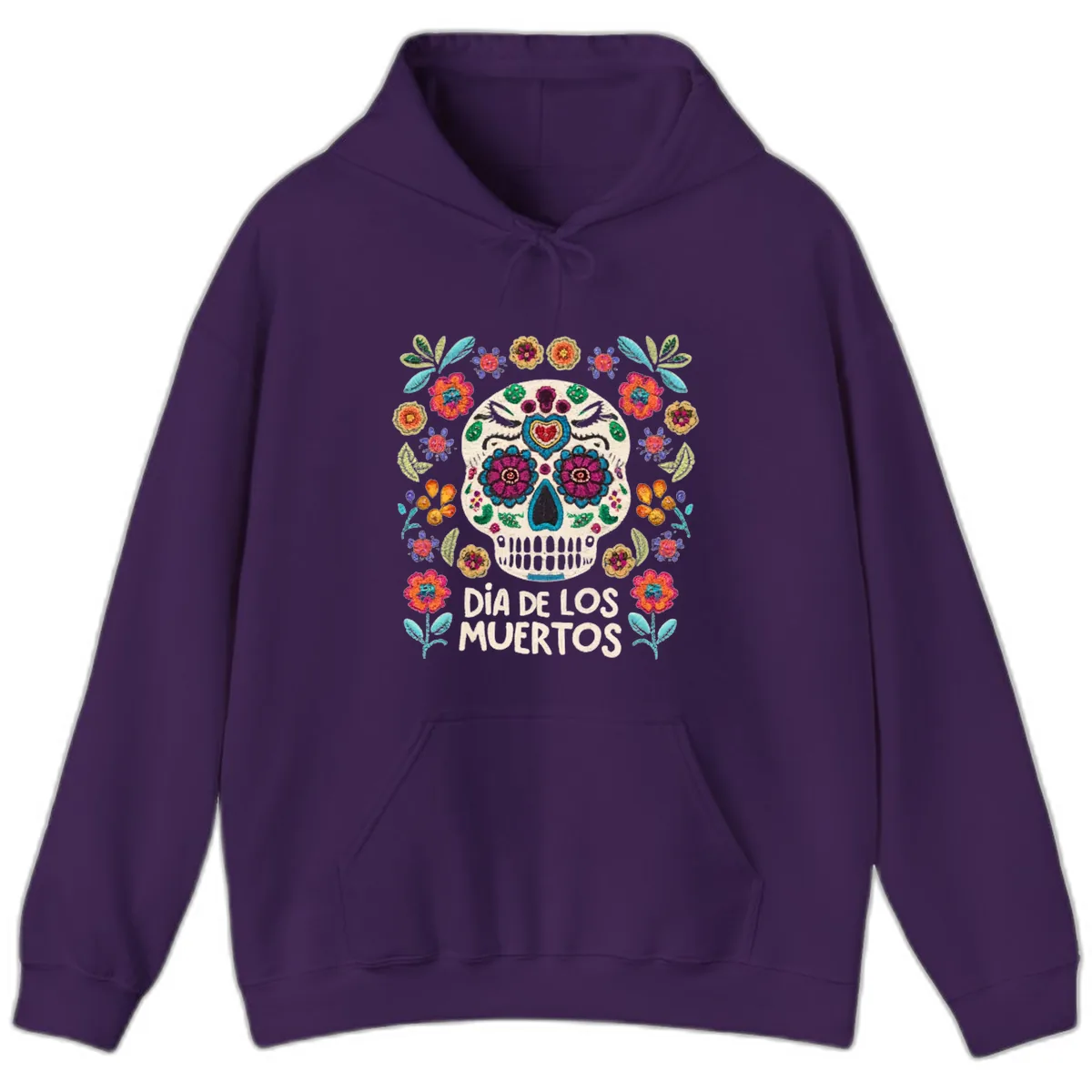 Embroidered Sugar Skull Día De Los Muertos Hoodie in Purple
