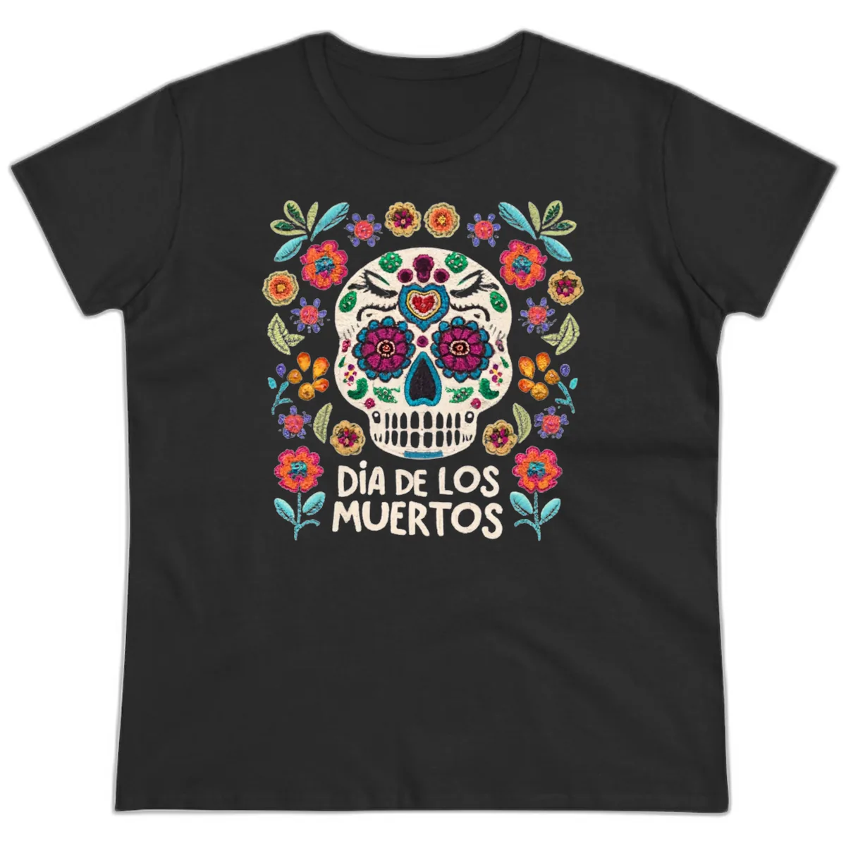 Embroidered Sugar Skull Día De Los Muertos Ladies Tee in Black