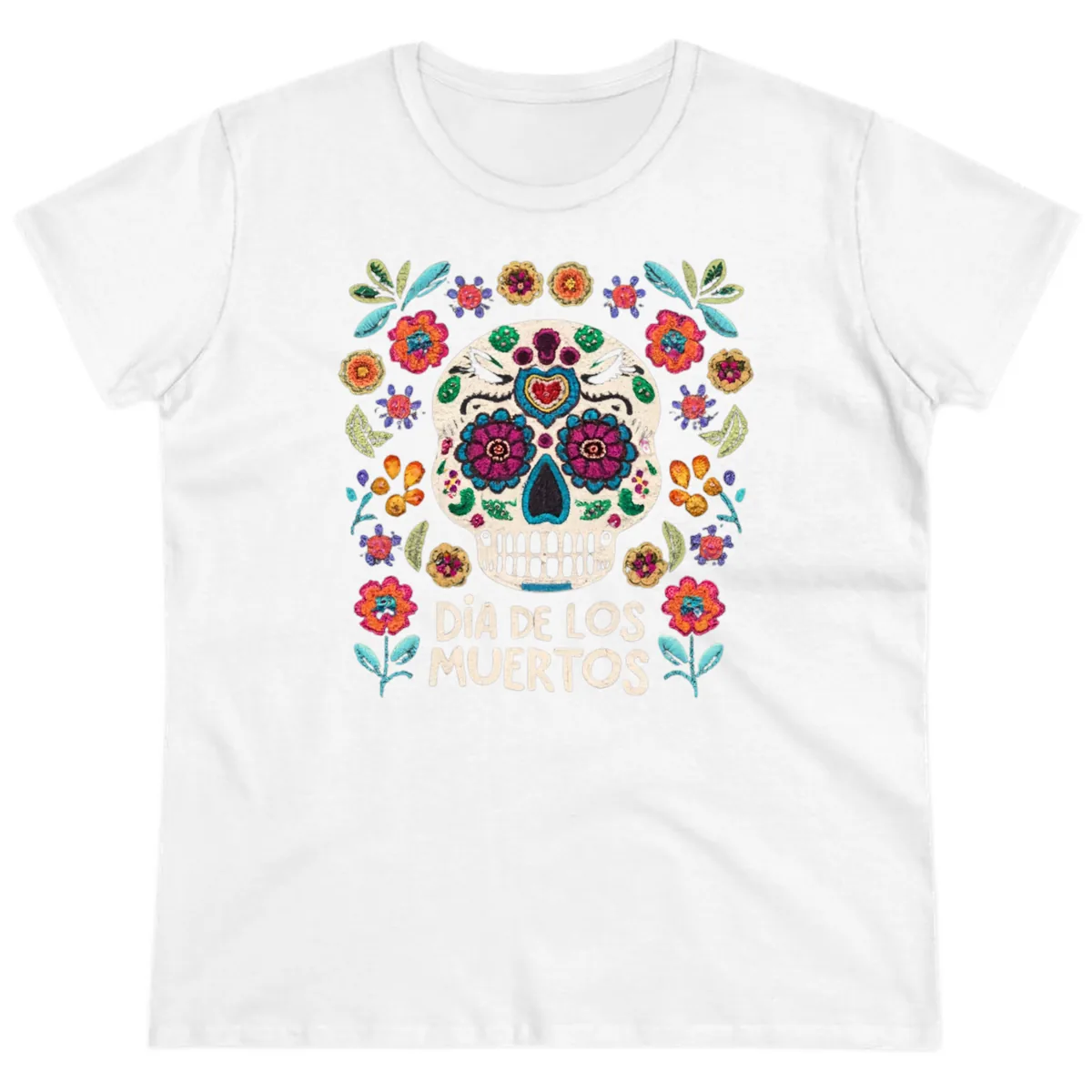 Embroidered Sugar Skull Día De Los Muertos Ladies Tee in White