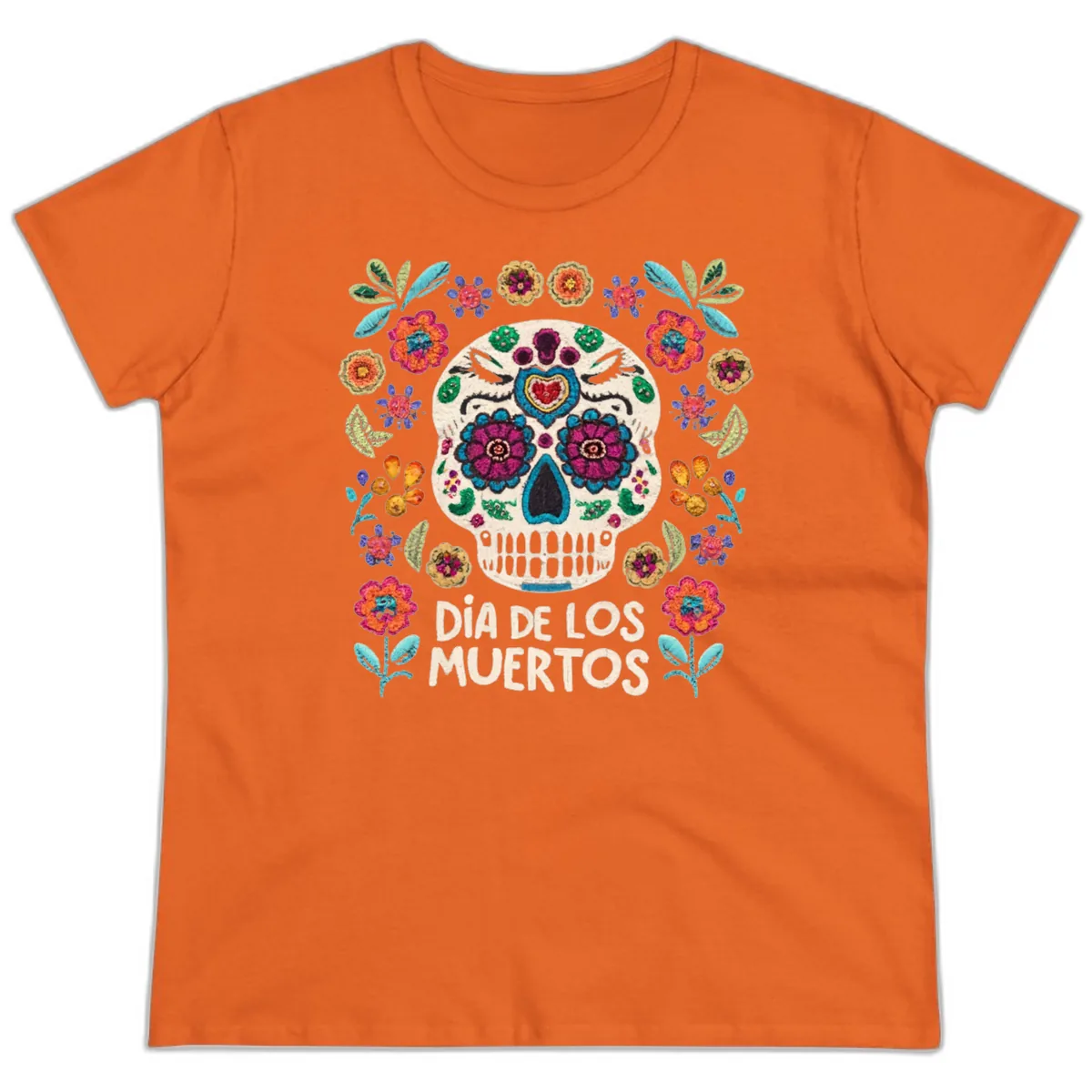 Embroidered Sugar Skull Día De Los Muertos Ladies Tee in Orange