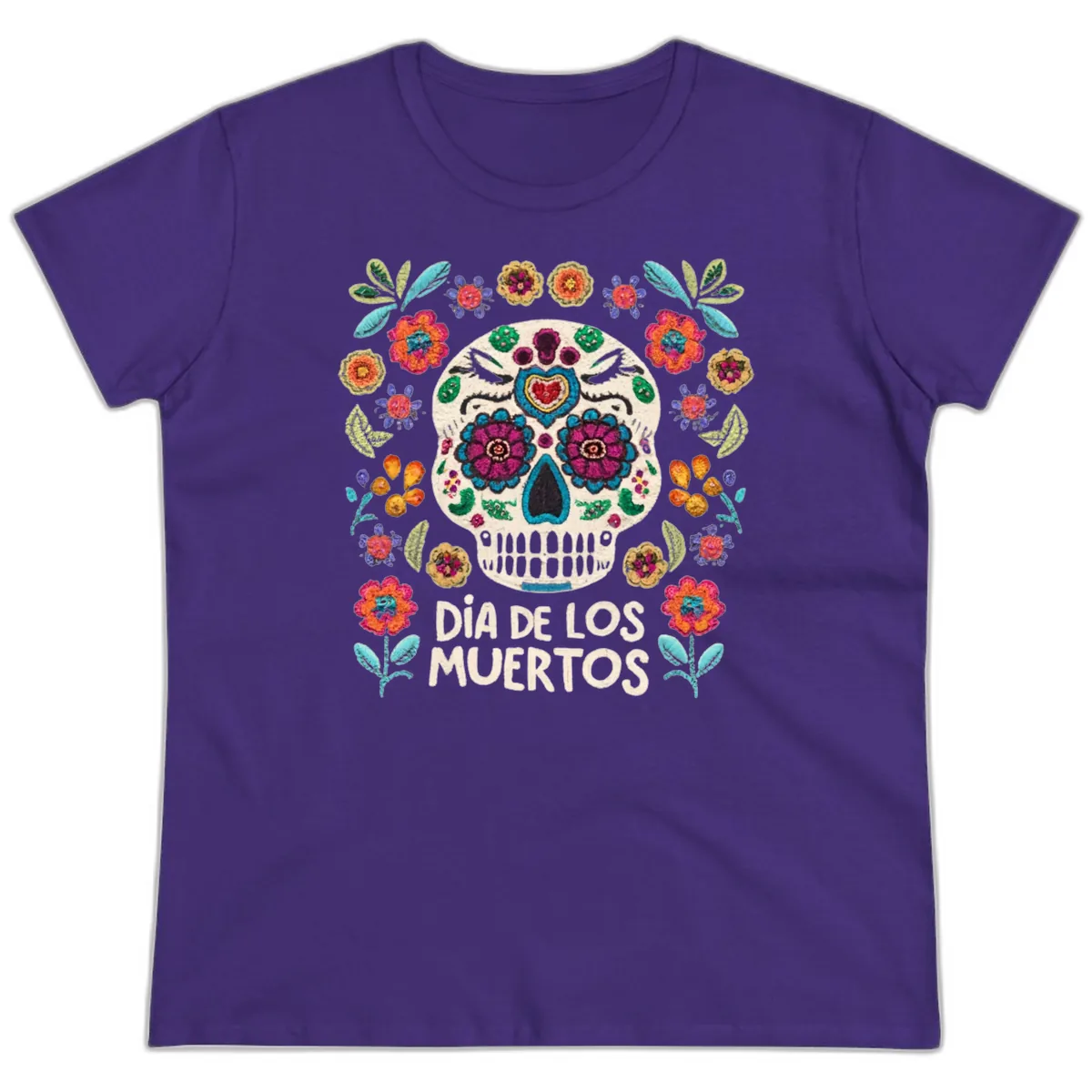 Embroidered Sugar Skull Día De Los Muertos Ladies Tee in Purple