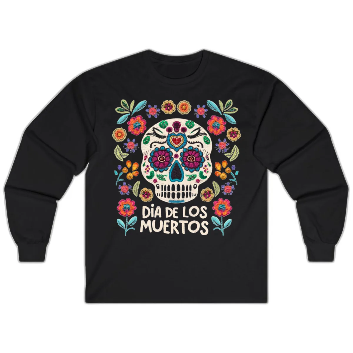Embroidered Sugar Skull Día De Los Muertos Long Sleeve in Black