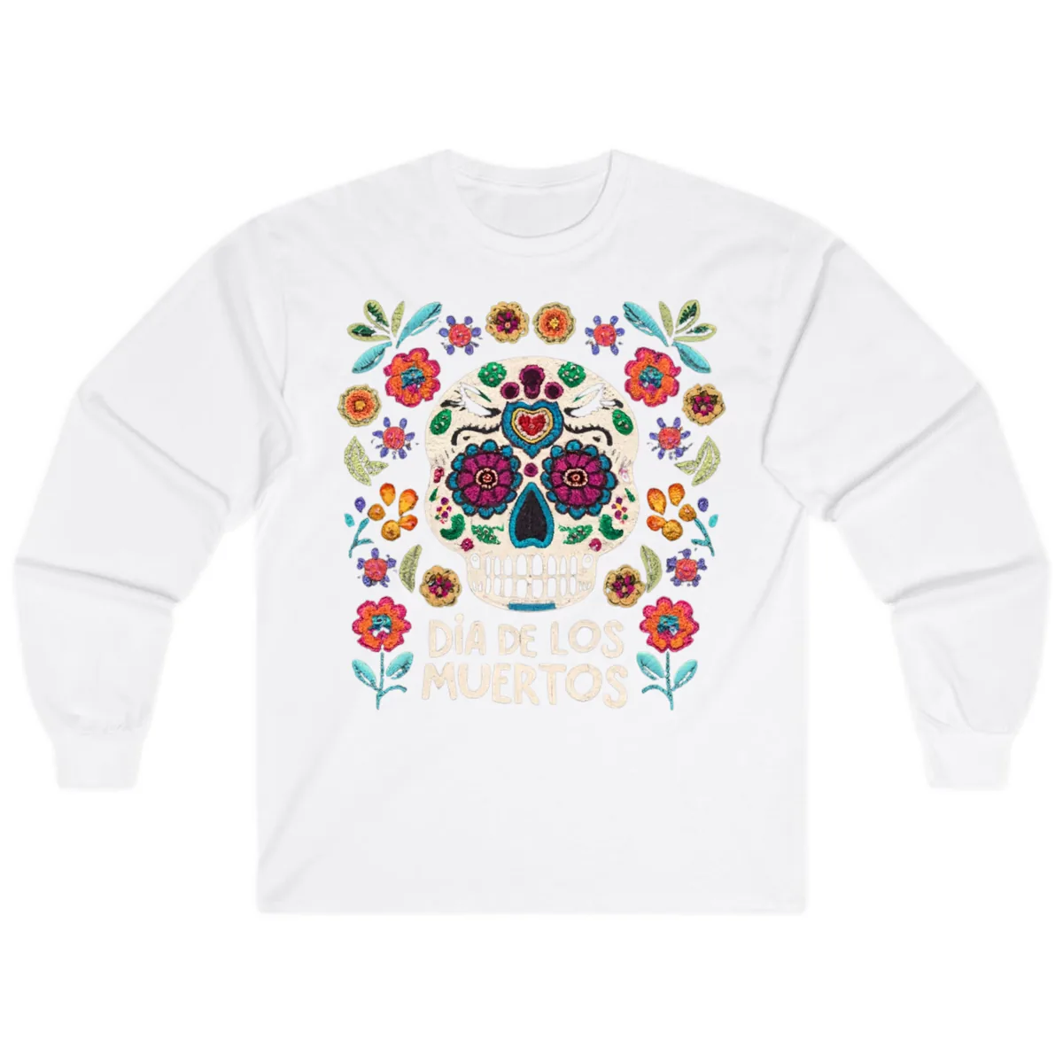 Embroidered Sugar Skull Día De Los Muertos Long Sleeve in White