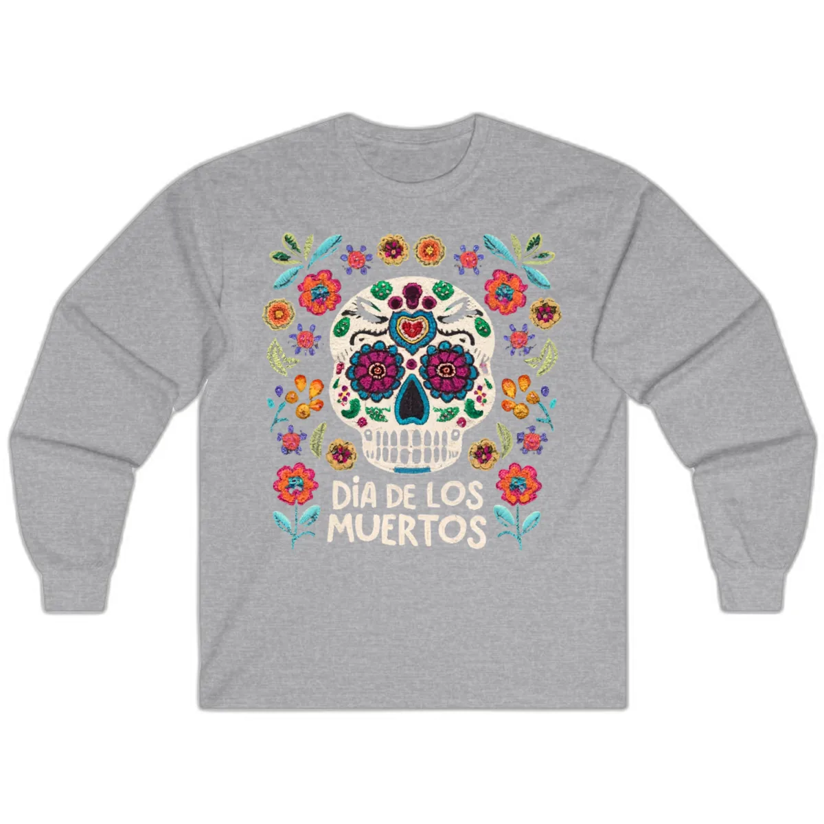 Embroidered Sugar Skull Día De Los Muertos Long Sleeve in Sport Grey