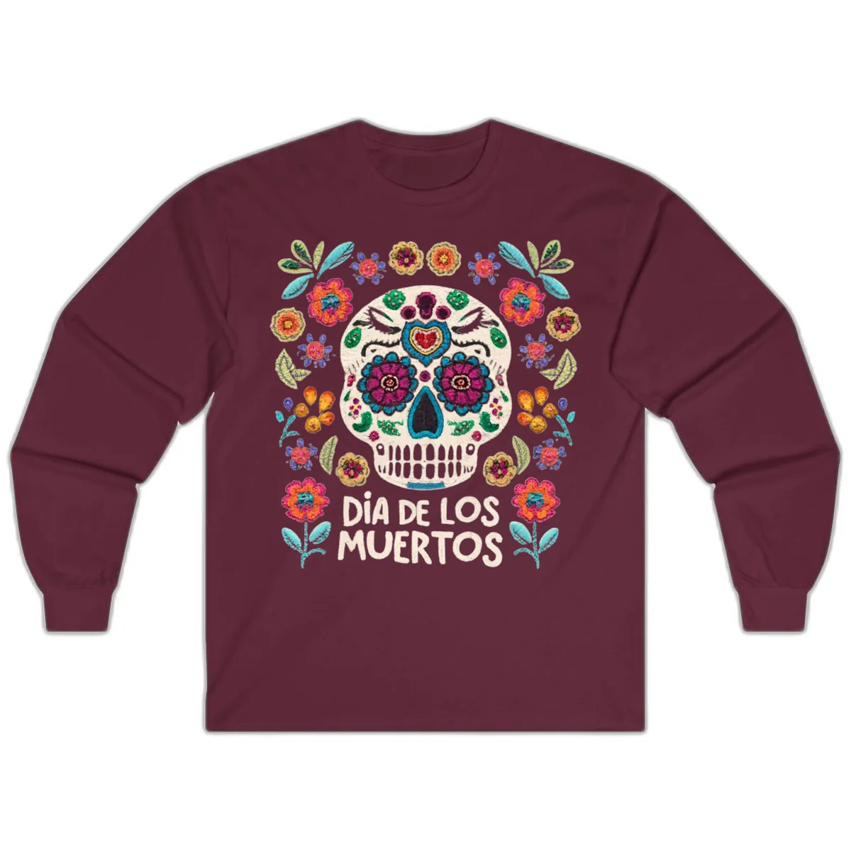 Embroidered Sugar Skull Día De Los Muertos Long Sleeve in Maroon