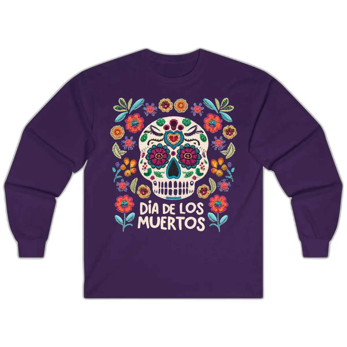 Embroidered Sugar Skull Día De Los Muertos Long Sleeve in Purple
