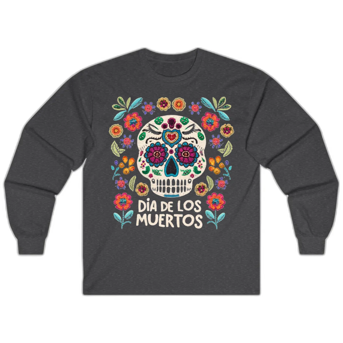 Embroidered Sugar Skull Día De Los Muertos Long Sleeve in Dark Heather