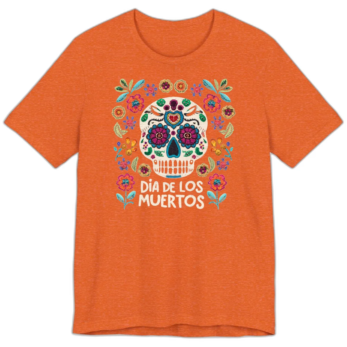 Embroidered Sugar Skull Día De Los Muertos Premium T-Shirt in Heather Orange