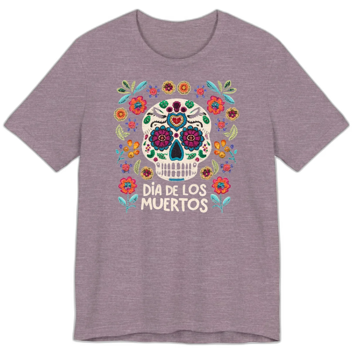 Embroidered Sugar Skull Día De Los Muertos Premium T-Shirt in Heather Purple