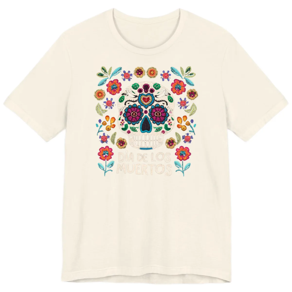 Embroidered Sugar Skull Día De Los Muertos Premium T-Shirt in Natural