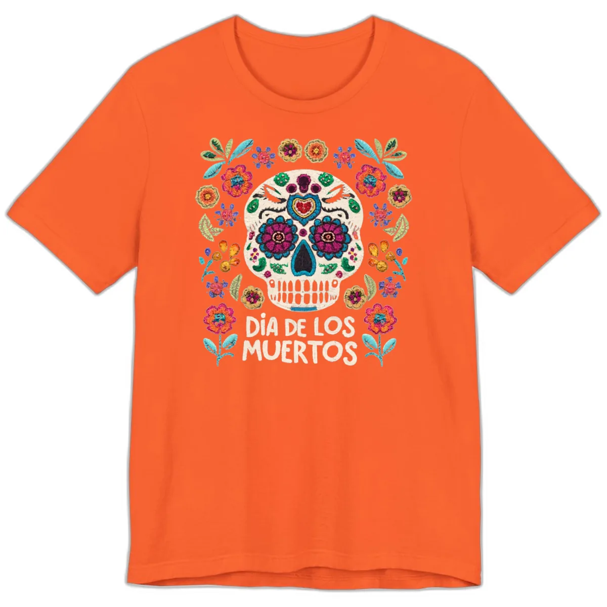 Embroidered Sugar Skull Día De Los Muertos Premium T-Shirt in Orange