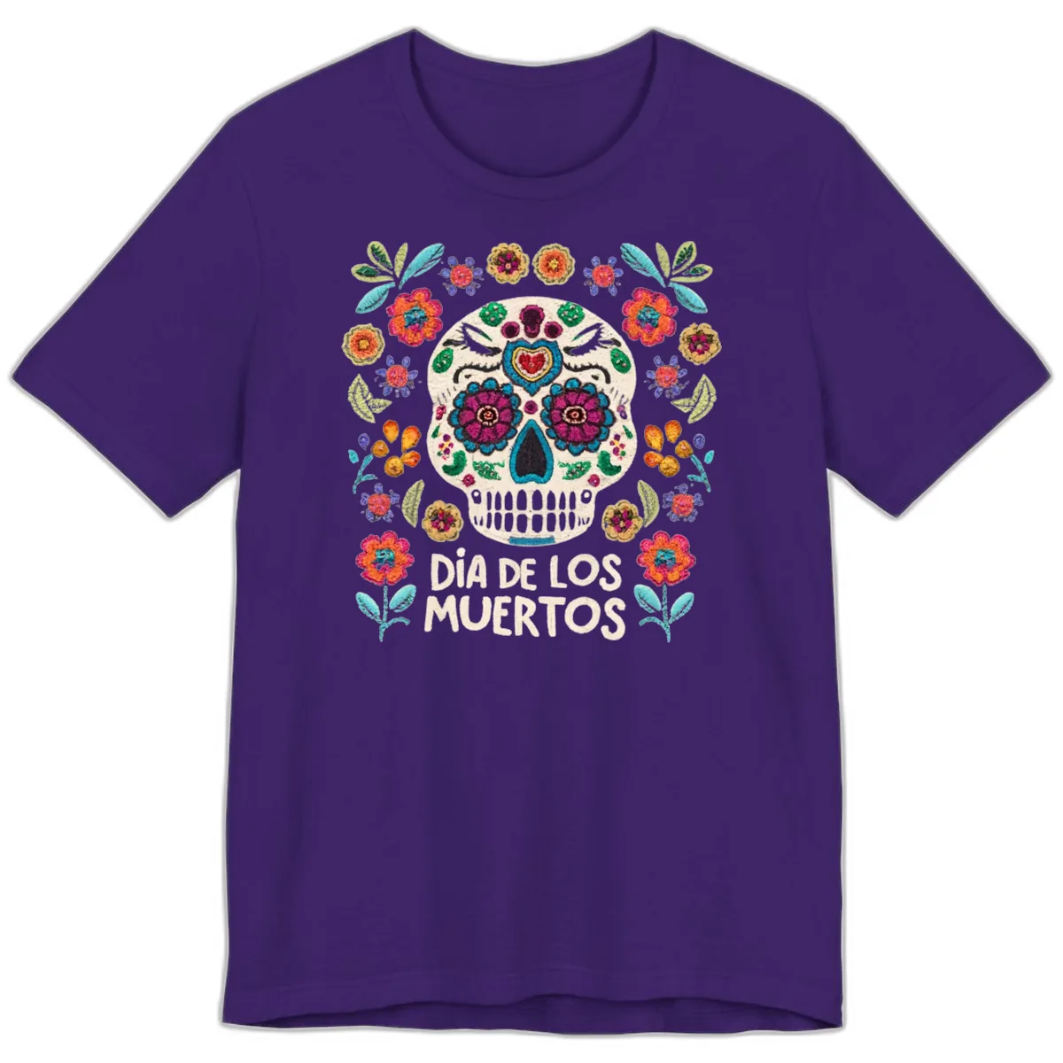 Embroidered Sugar Skull Día De Los Muertos Premium T-Shirt in Team Purple