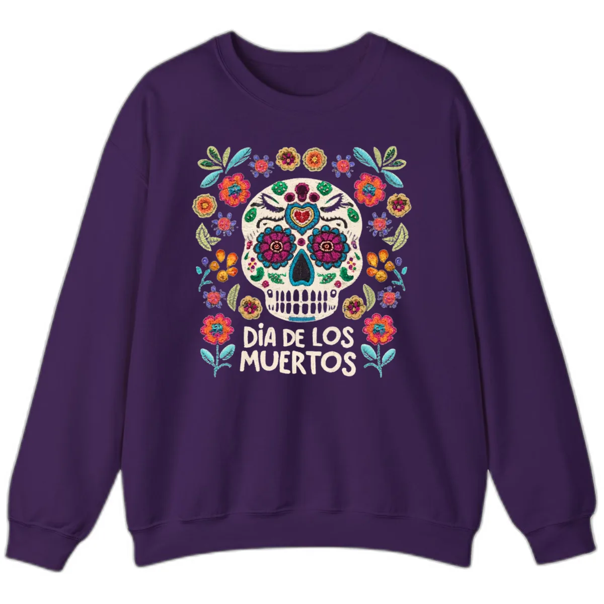 Embroidered Sugar Skull Día De Los Muertos Sweatshirt in Purple