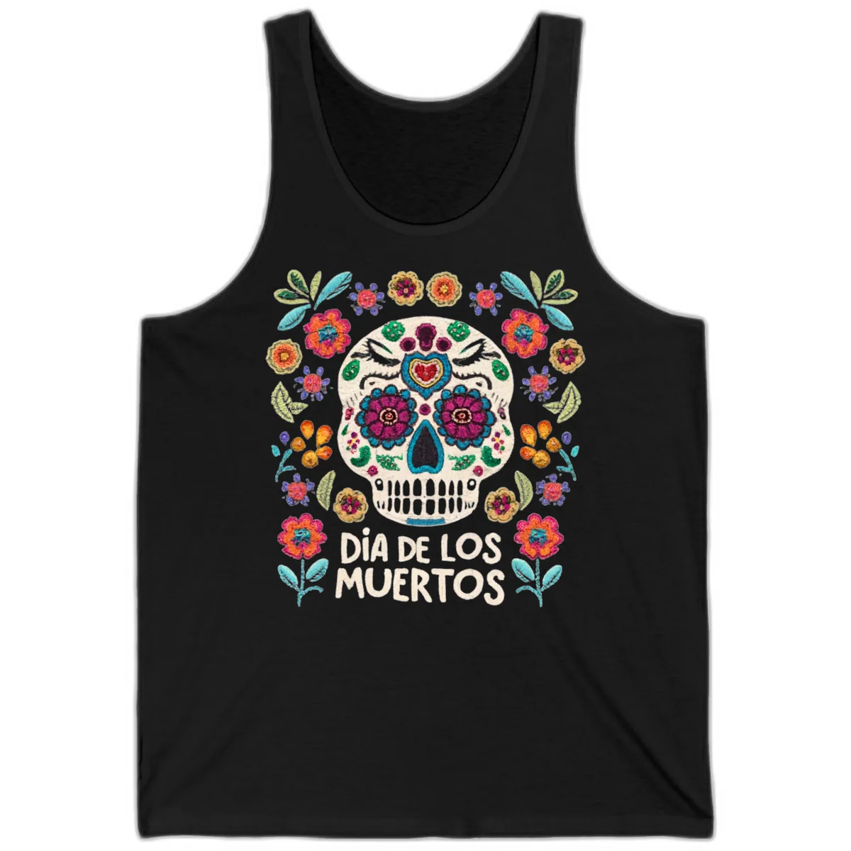Embroidered Sugar Skull Día De Los Muertos Tank in Black