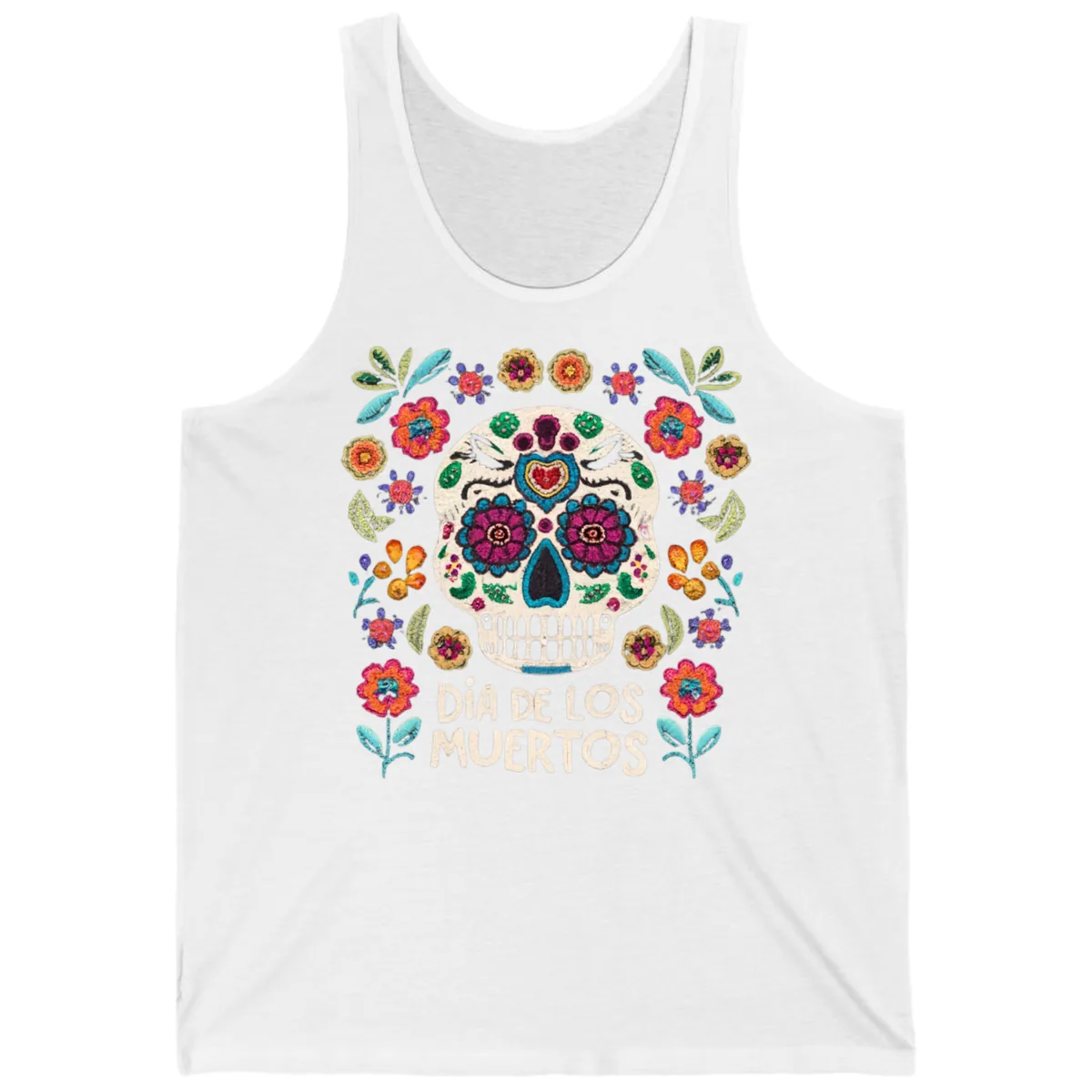 Embroidered Sugar Skull Día De Los Muertos Tank in White