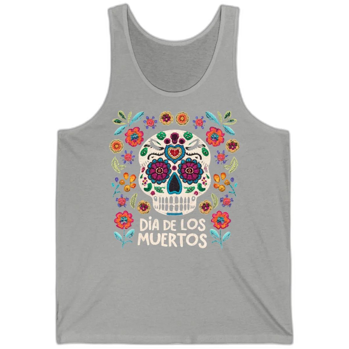 Embroidered Sugar Skull Día De Los Muertos Tank in Athletic Heather