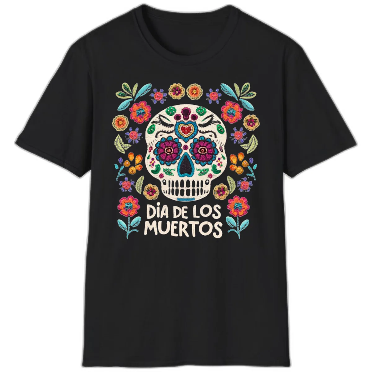 Embroidered Sugar Skull Día De Los Muertos T-Shirt in Black
