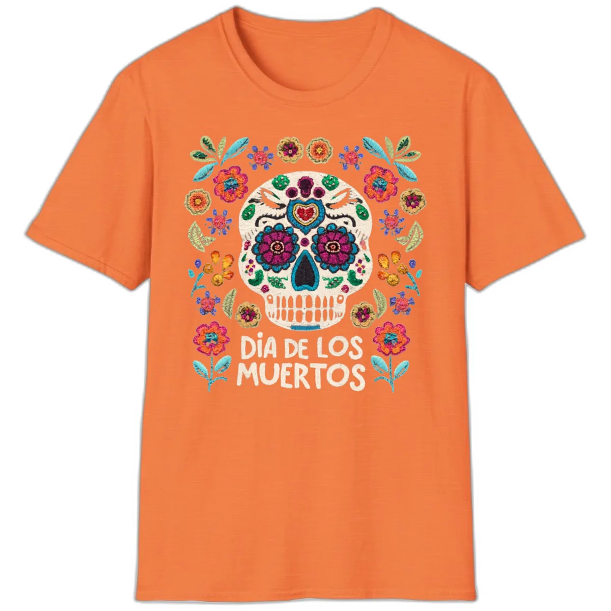 Embroidered Sugar Skull Día De Los Muertos T-Shirt in Heather Orange