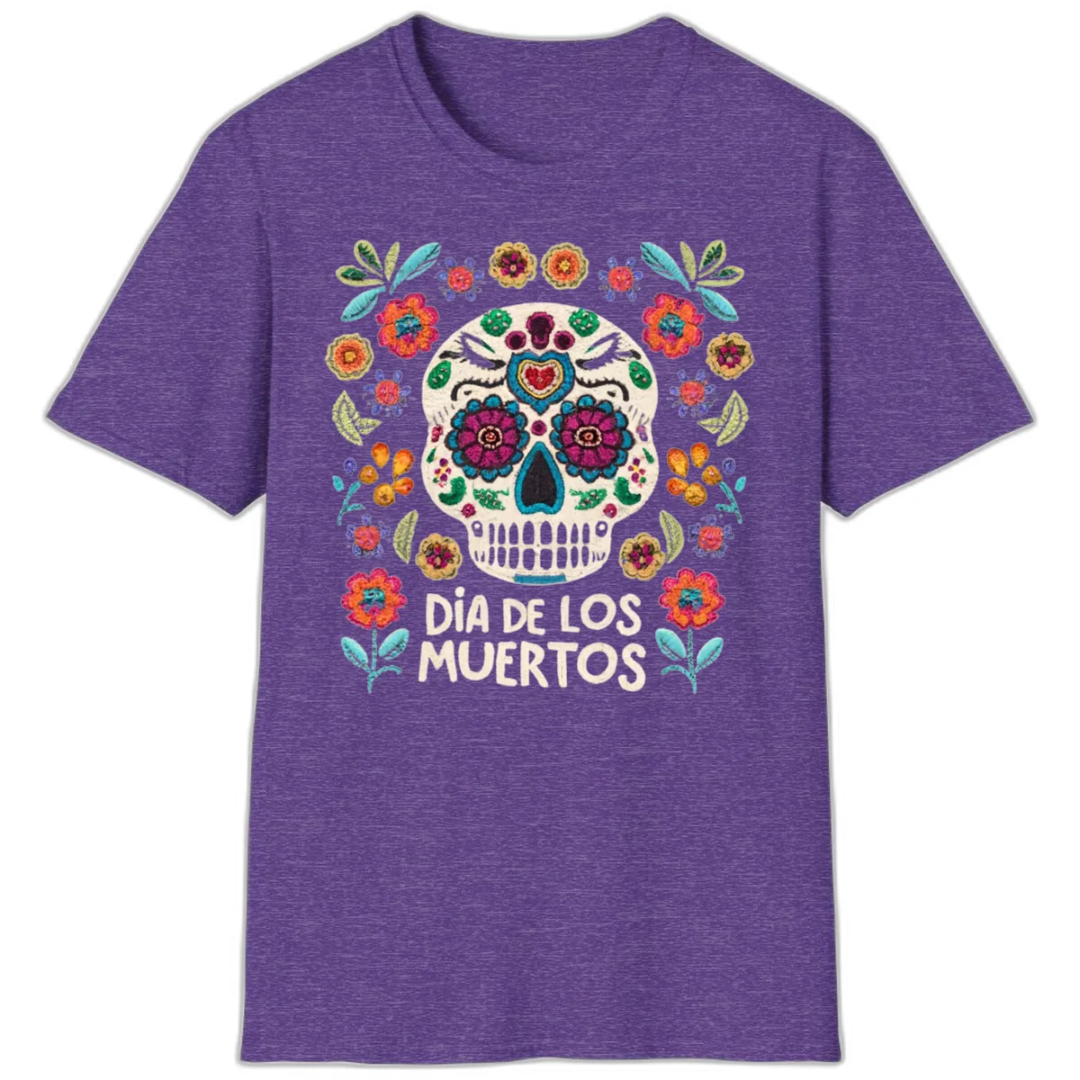 Embroidered Sugar Skull Día De Los Muertos T-Shirt in Heather Purple
