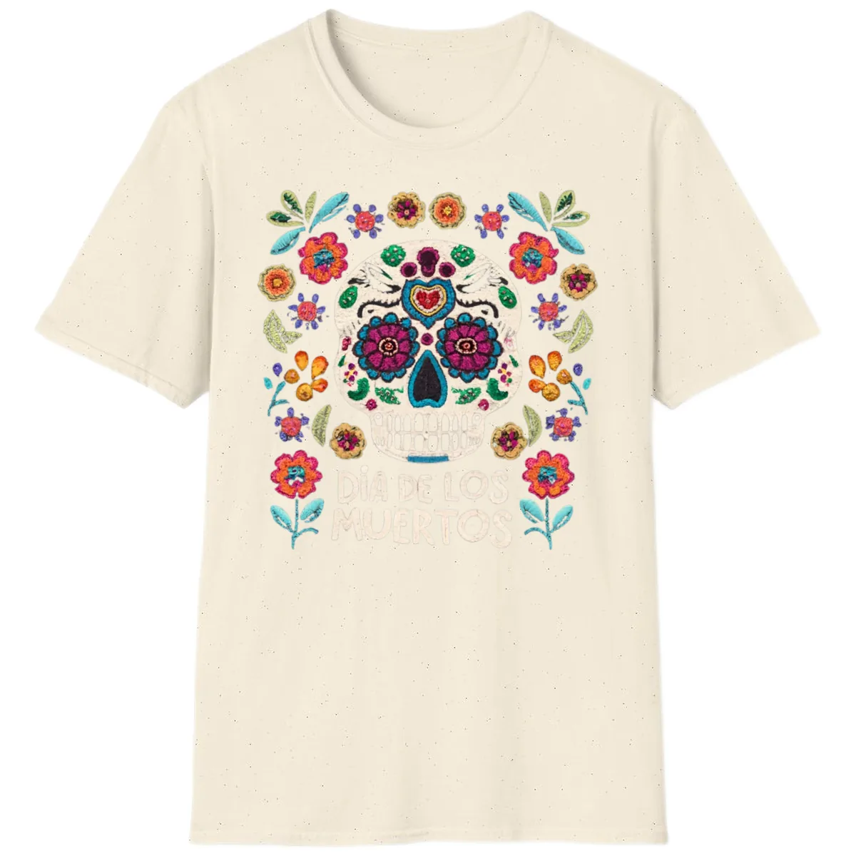 Embroidered Sugar Skull Día De Los Muertos T-Shirt in Natural