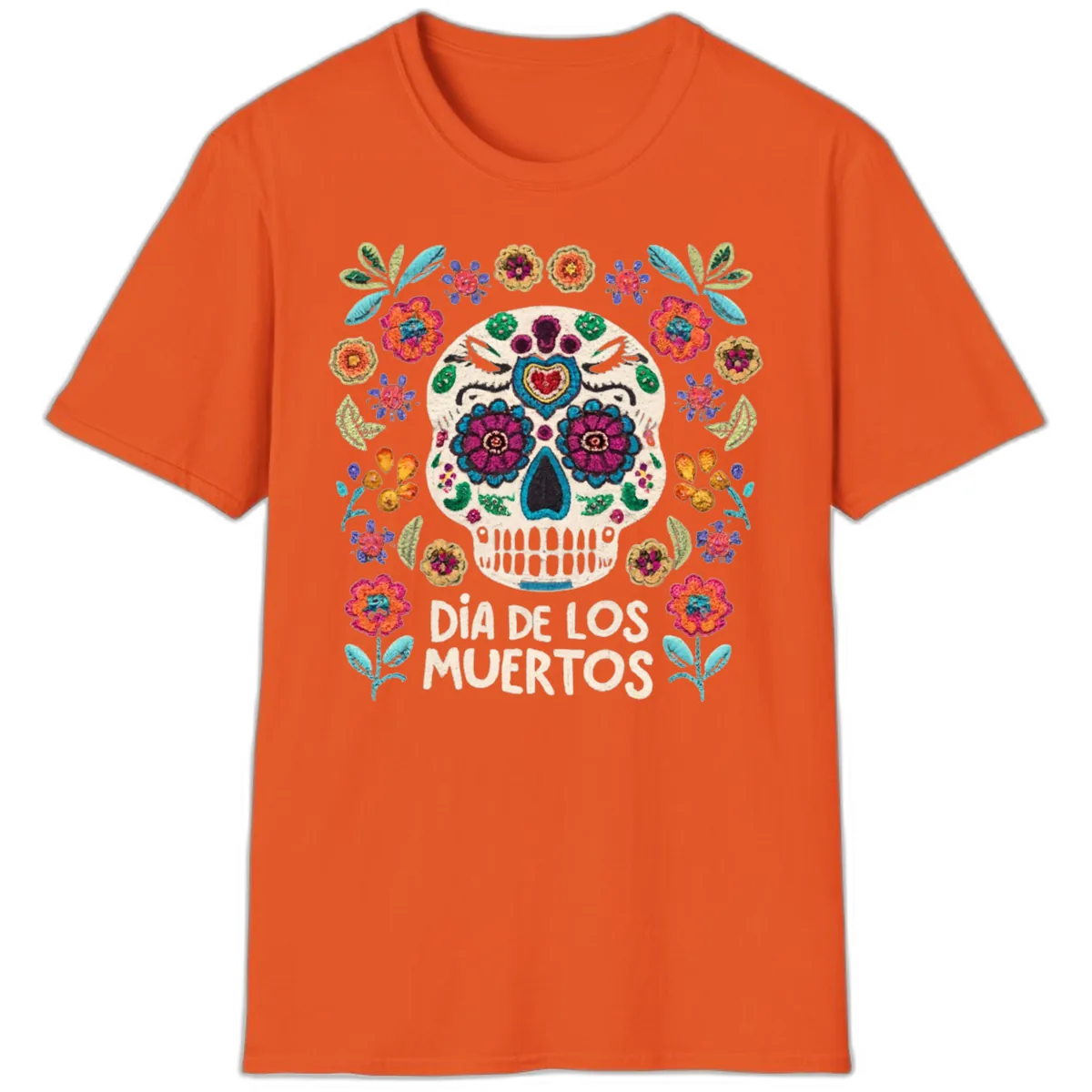 Embroidered Sugar Skull Día De Los Muertos T-Shirt in Orange