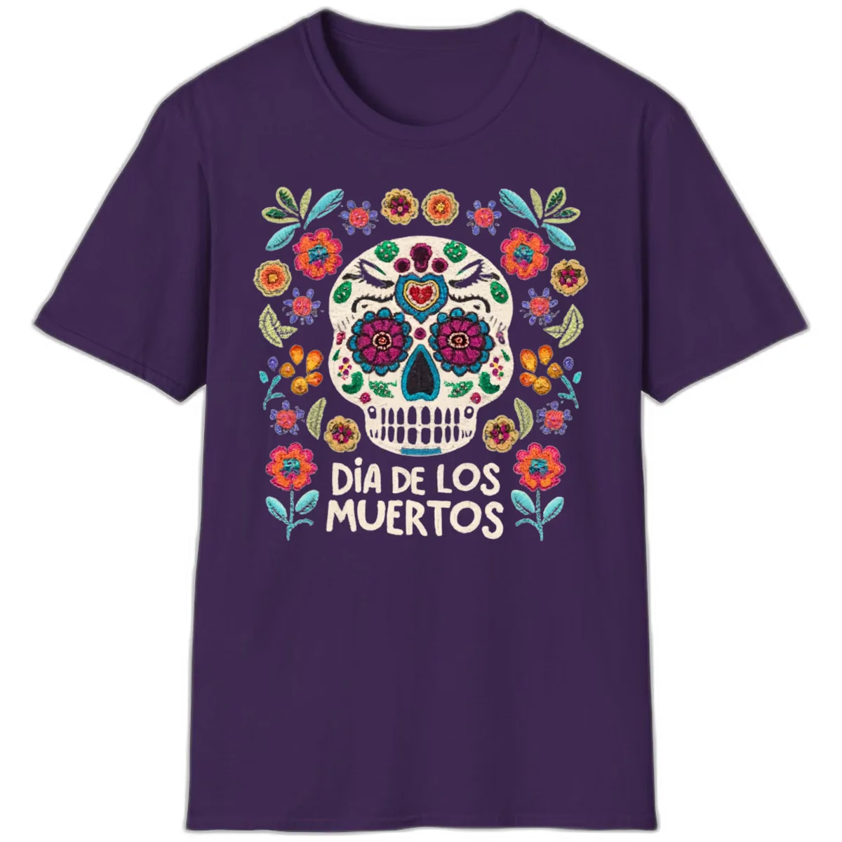 Embroidered Sugar Skull Día De Los Muertos T-Shirt in Purple