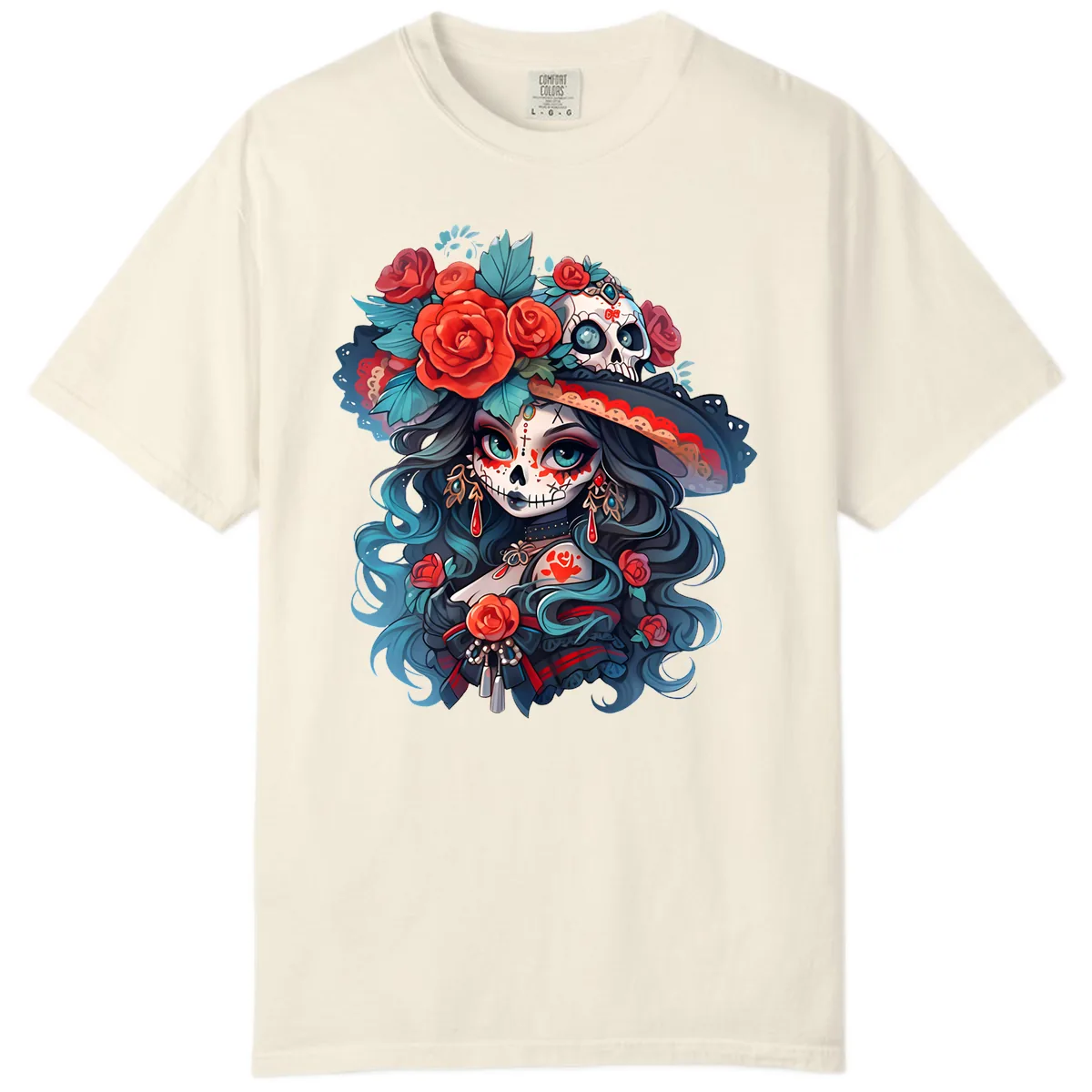 Calavera Empress with Roses and Skull Hat Comfort Color in Ivory