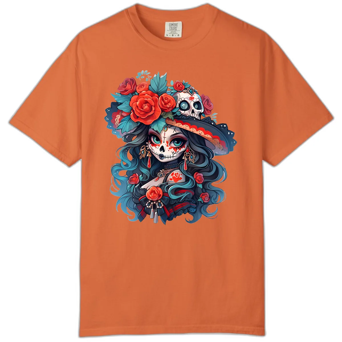 Calavera Empress with Roses and Skull Hat Comfort Color in Burnt Orange