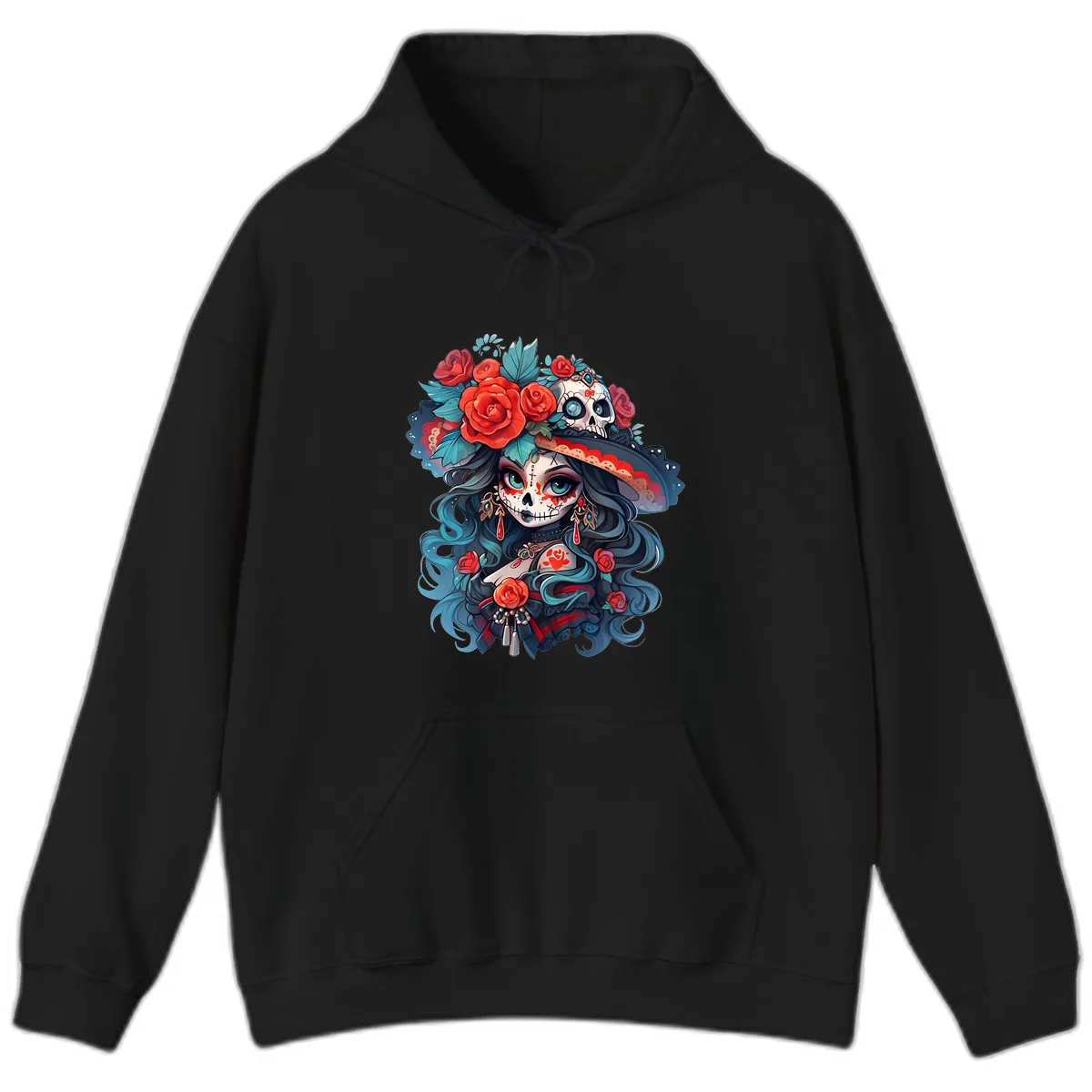 Calavera Empress with Roses and Skull Hat Hoodie in Black