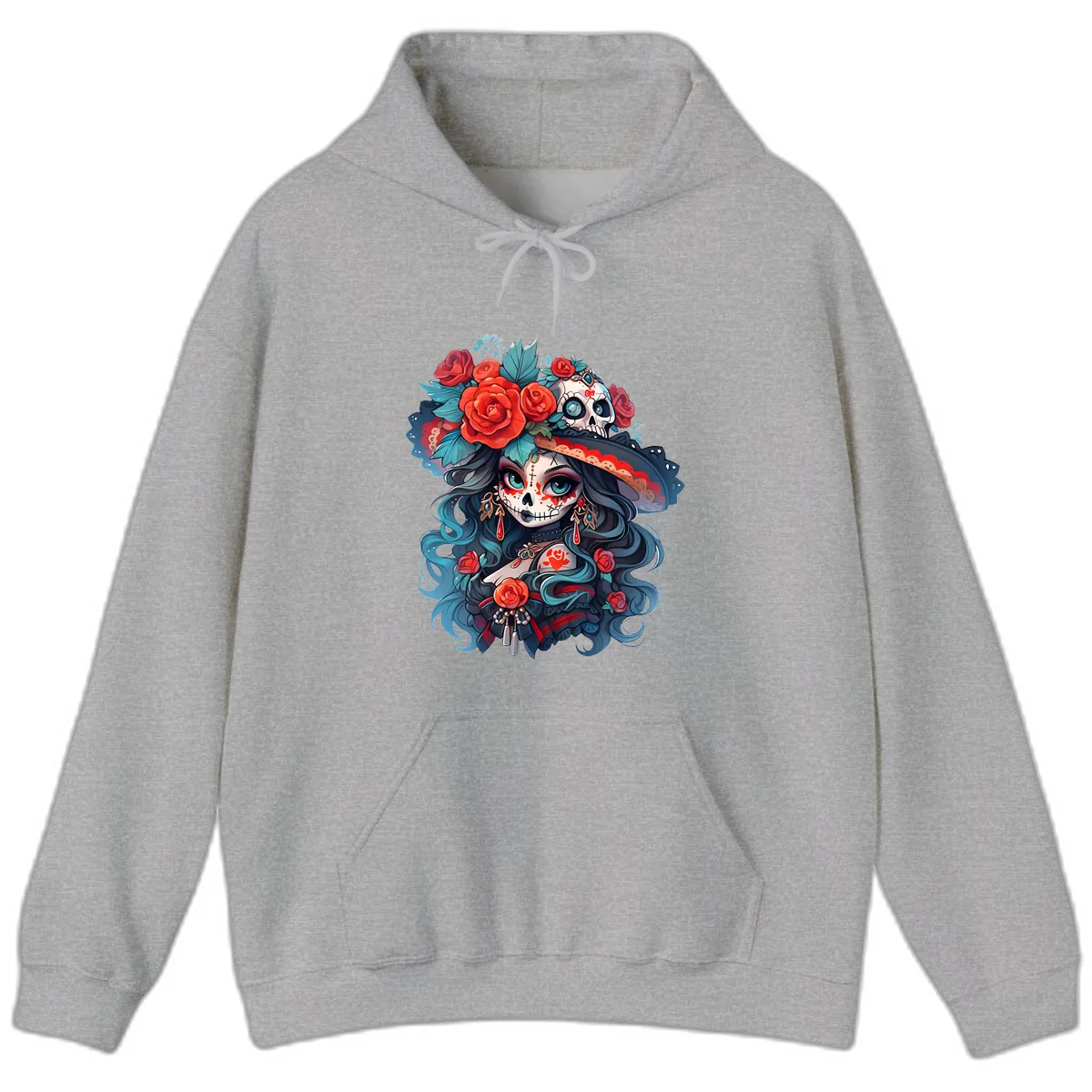 Calavera Empress with Roses and Skull Hat Hoodie in Sport Grey