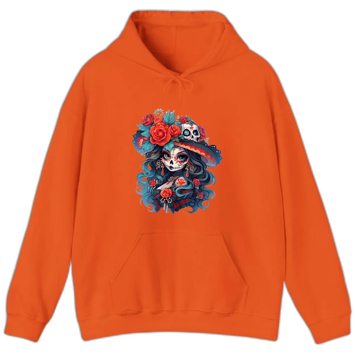 Calavera Empress with Roses and Skull Hat Hoodie in Orange