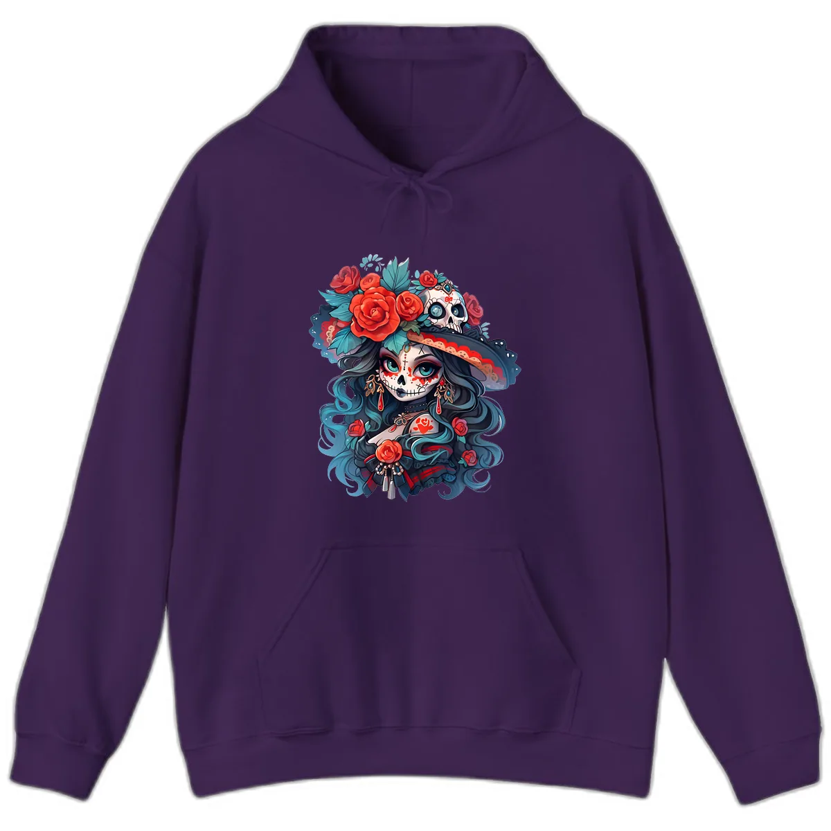 Calavera Empress with Roses and Skull Hat Hoodie in Purple