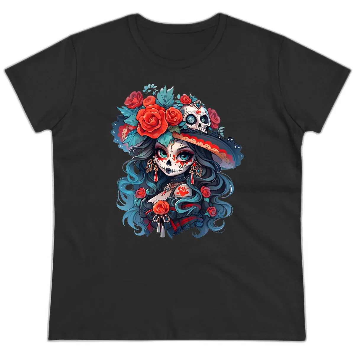Calavera Empress with Roses and Skull Hat Ladies Tee in Black