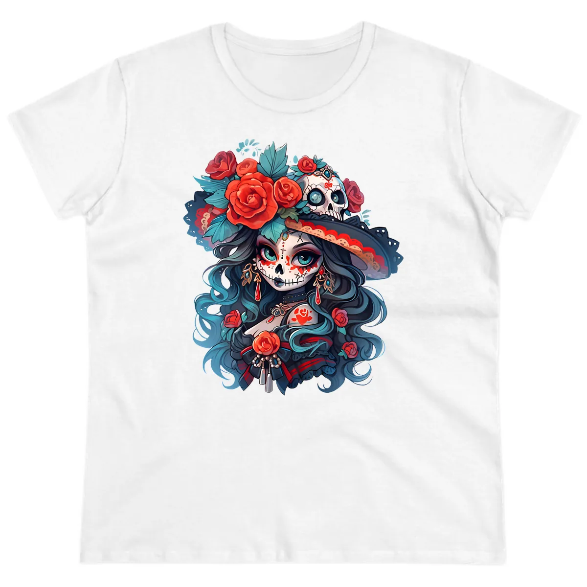 Calavera Empress with Roses and Skull Hat Ladies Tee in White