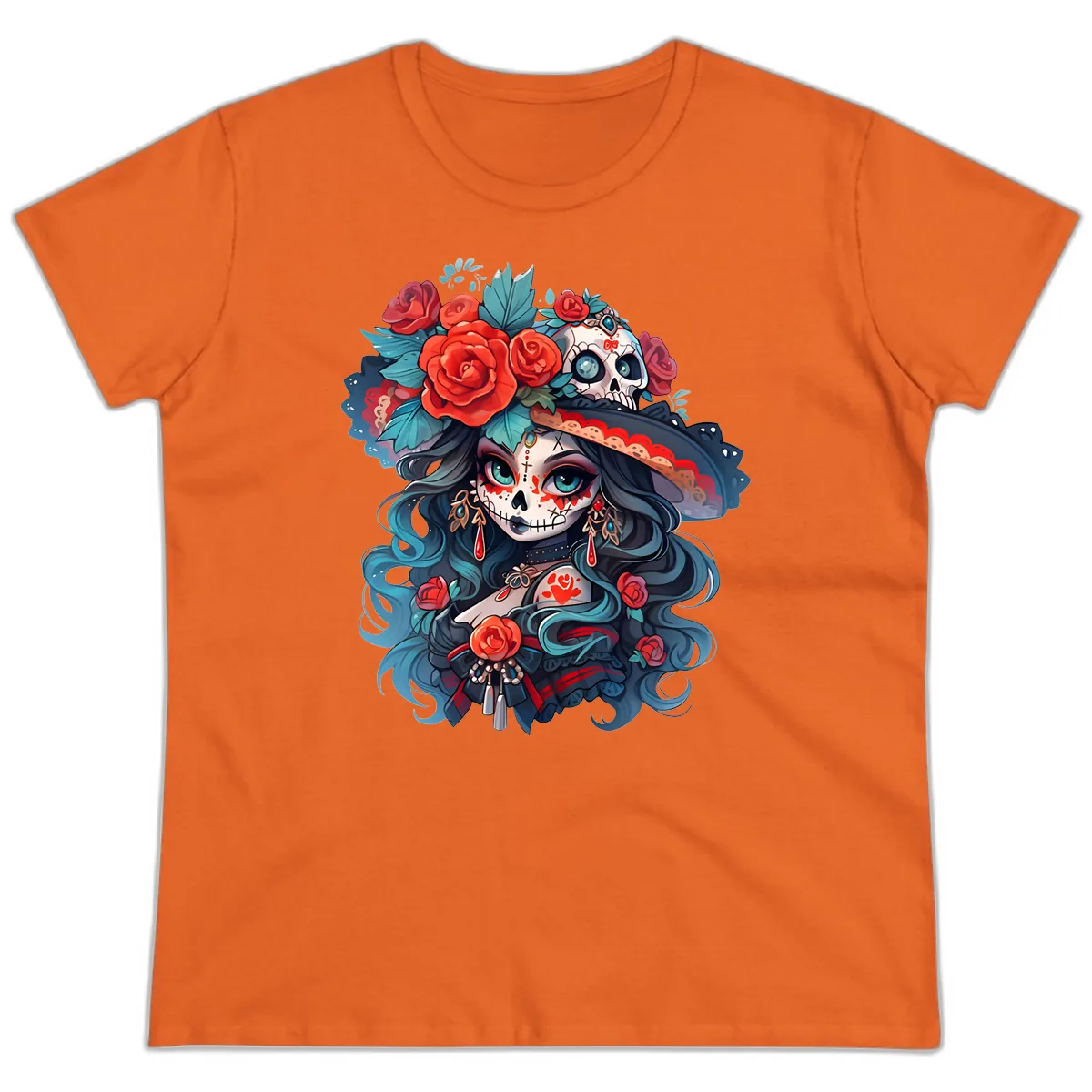 Calavera Empress with Roses and Skull Hat Ladies Tee in Orange
