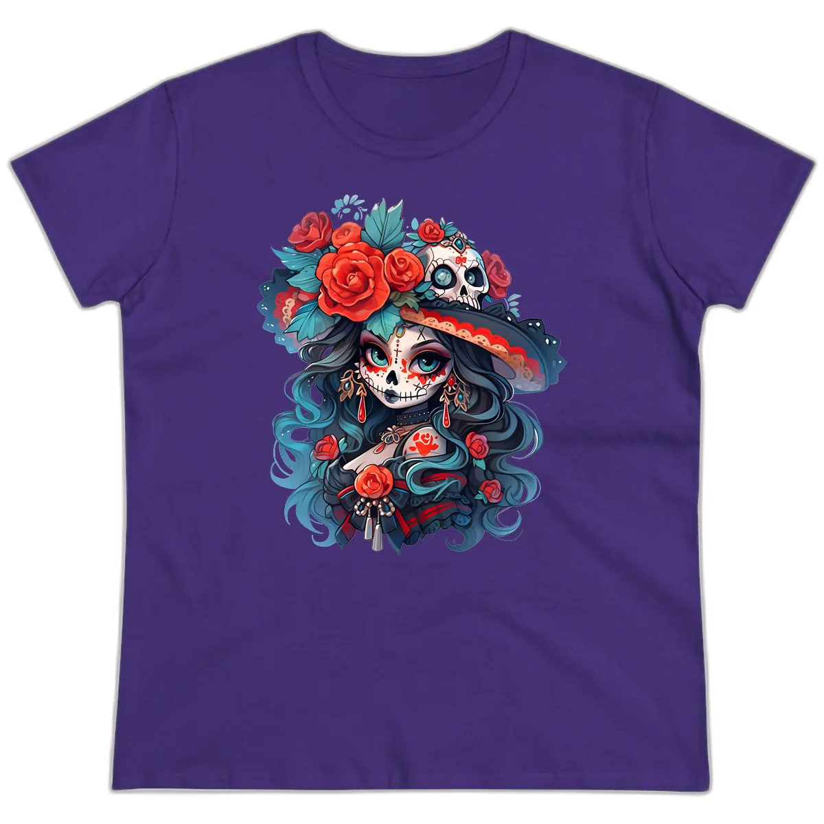Calavera Empress with Roses and Skull Hat Ladies Tee in Purple
