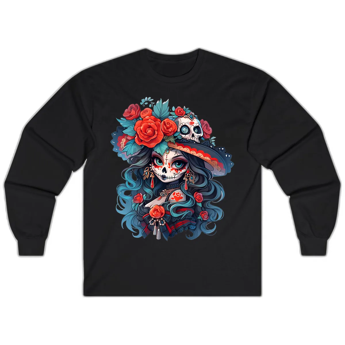 Calavera Empress with Roses and Skull Hat Long Sleeve in Black