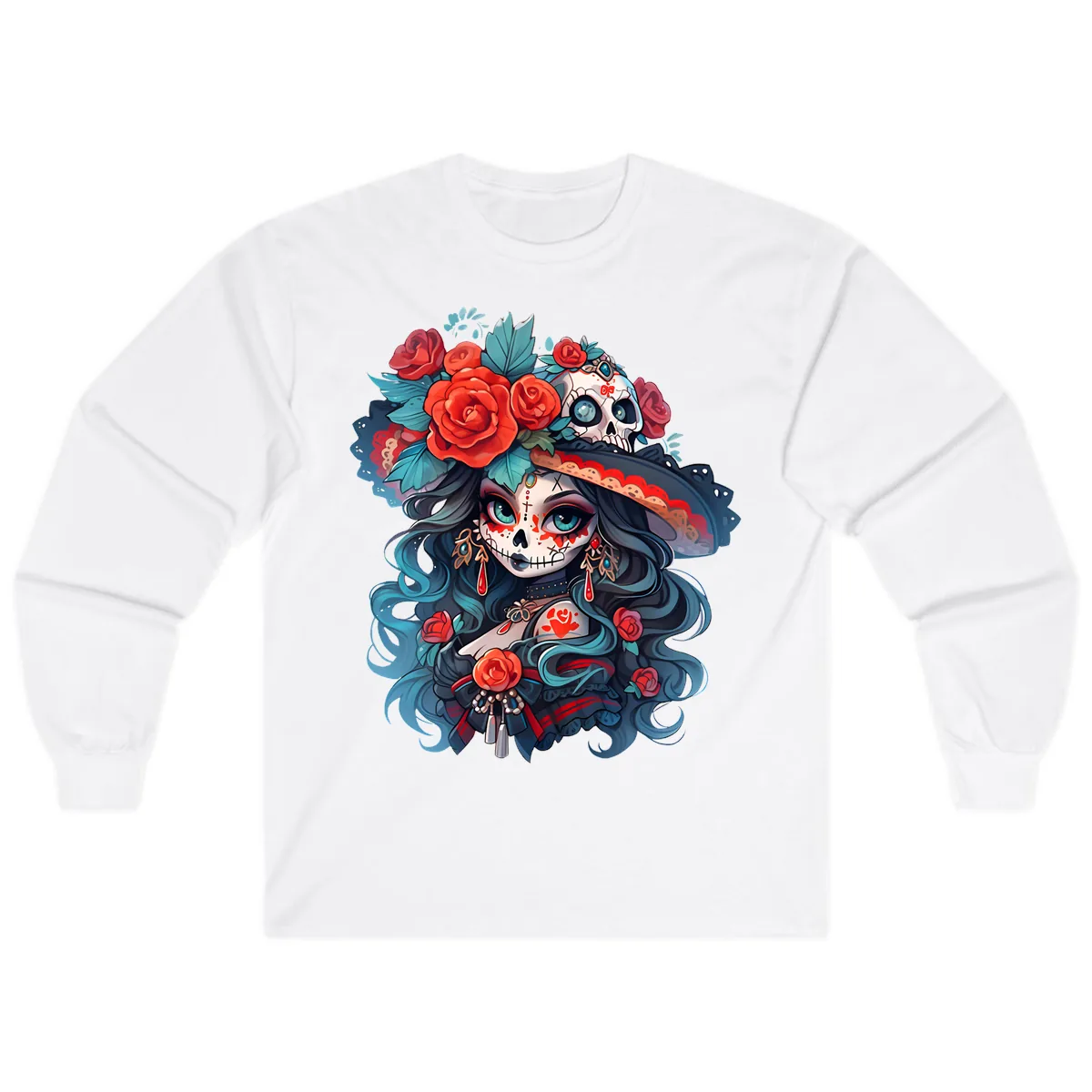 Calavera Empress with Roses and Skull Hat Long Sleeve in White